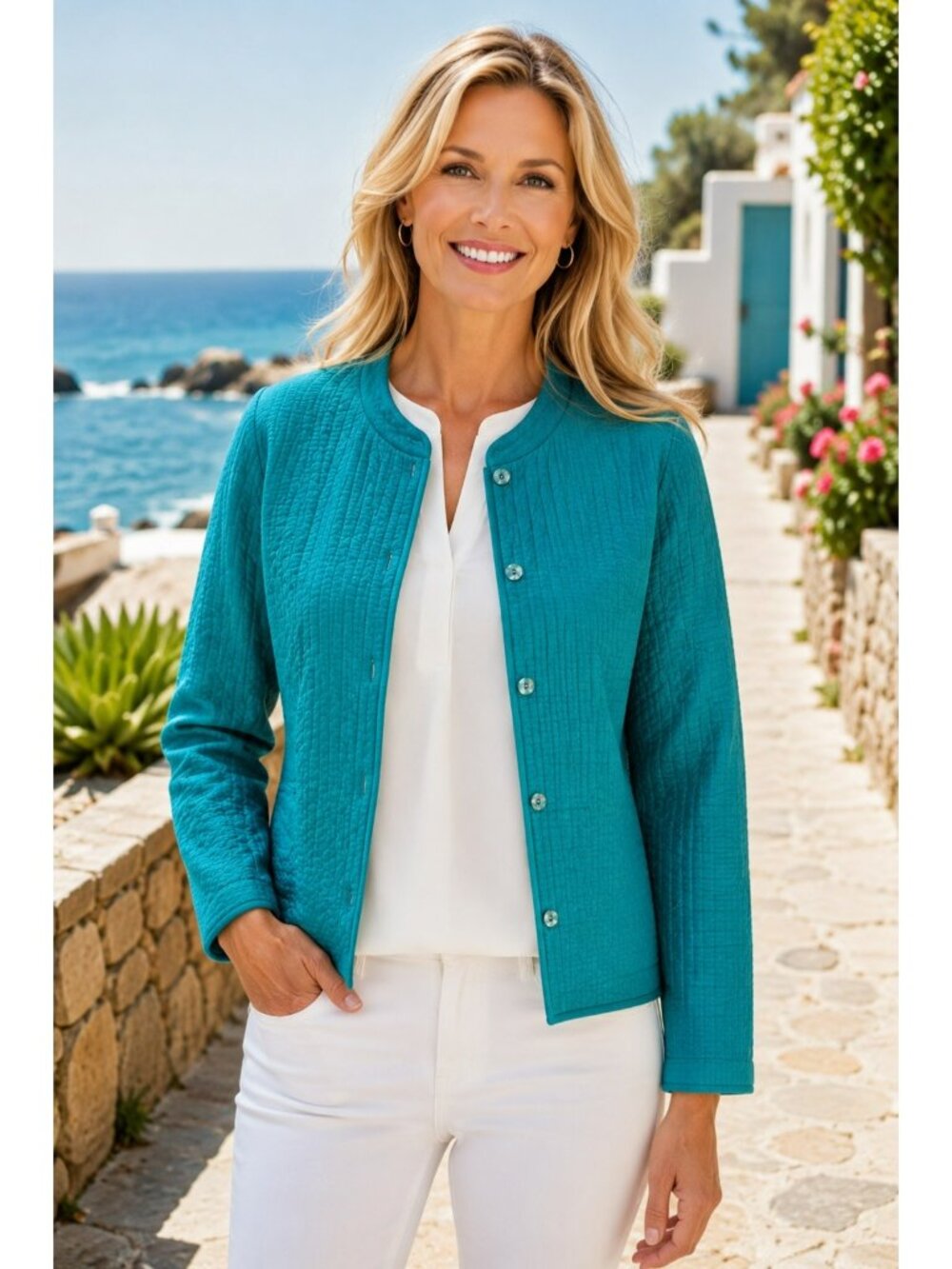 Reversible Quilted Button Front Jacket Womens Medium Turquoise PIsley Design - Picture 2 of 16